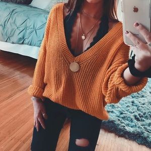Zara Mustard Yellow Oversized Double V-neck Knit